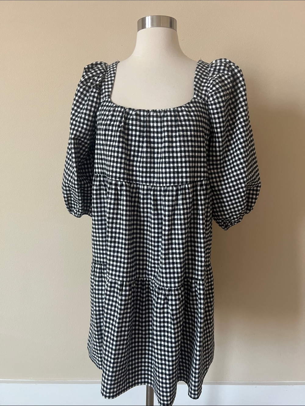Harper Black & White Gingham Puff Sleeve Square Neck Dress